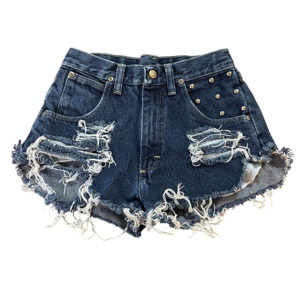 Wrangler Womens XXS Distressed Studded Denim Shorts Dark Wash High Rise Cut Offs